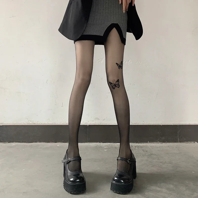 New Sexy Women Tights Pantyhose Butterfly Print Thigh High Stockings Pantyhose Lingerie Hosiery Thin Nylon Tights Body Stockings