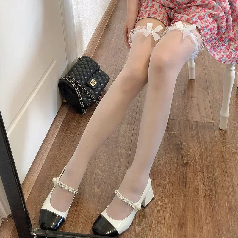 1 Pair Women Stockings Sexy Lace Bow Thigh High Stockings Japanese Style Lolita Knee High Socks Sweet Girls Kawaii Stockings